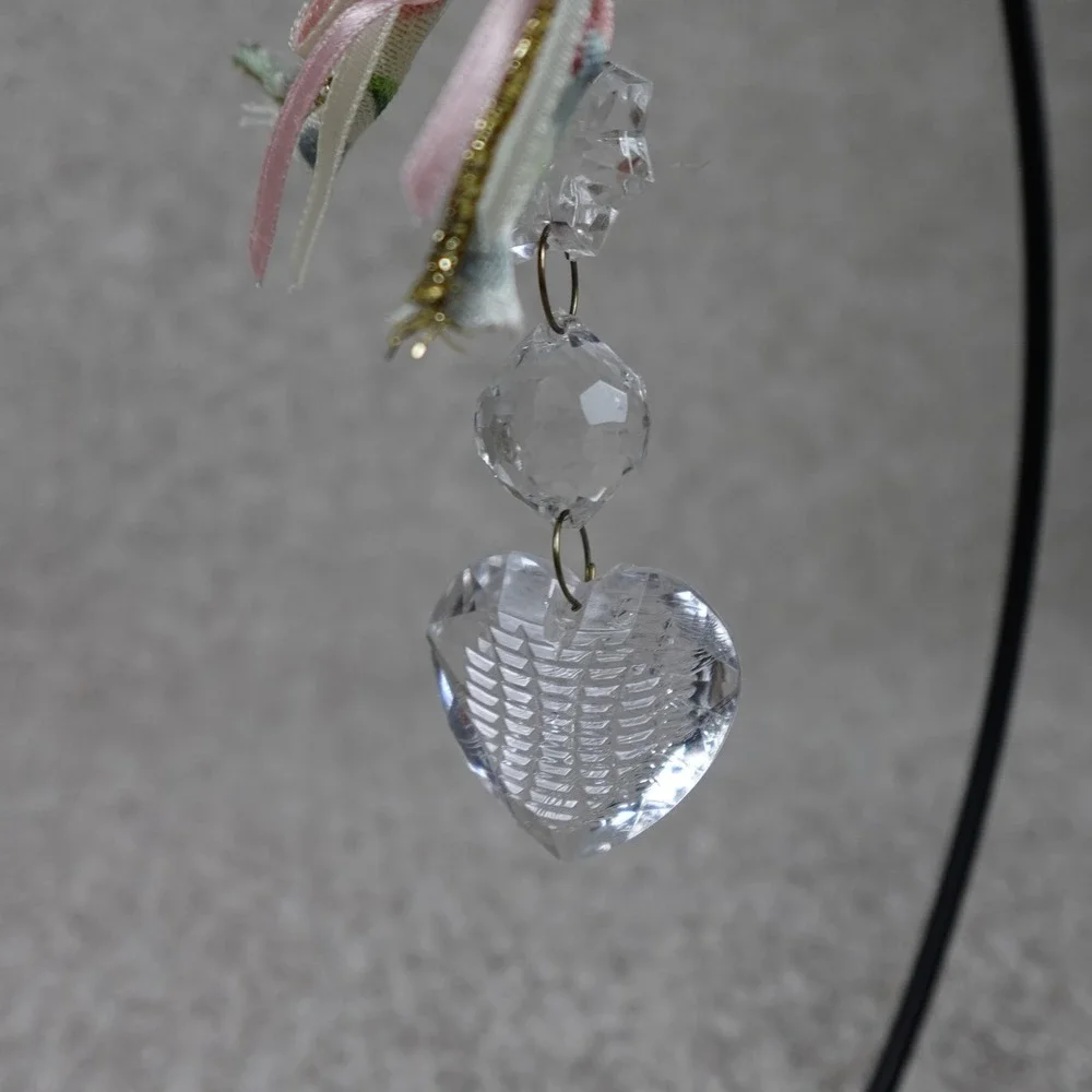 Crystal Heart Ornament with Pink Floral Ribbon Bow‎ and Gold Trim Suncatcher